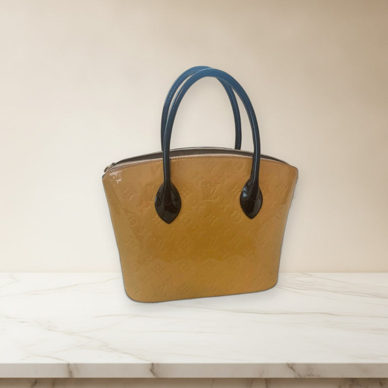 Louis Vuitton Lockit Pm Handbag Beige Enamel Leather Black Handle