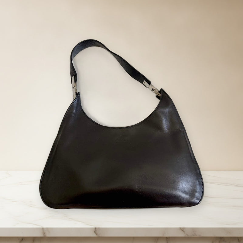 Gucci Hobo One Shoulder Bag Leather Black Silver Hardware