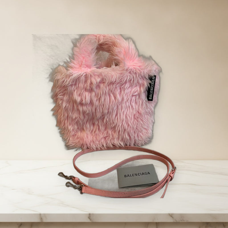 Balenciaga Everyday Fur Bag Handbag Pink Fur Small Removable Strap