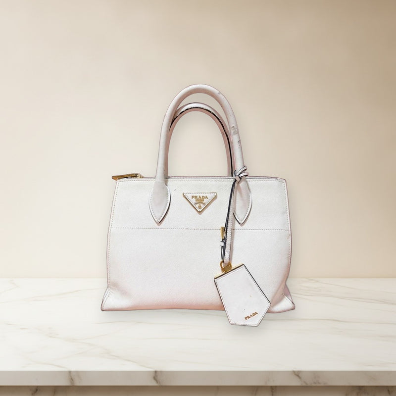 Prada Saffiano Medium Handbag Shoulder Tote White Leather