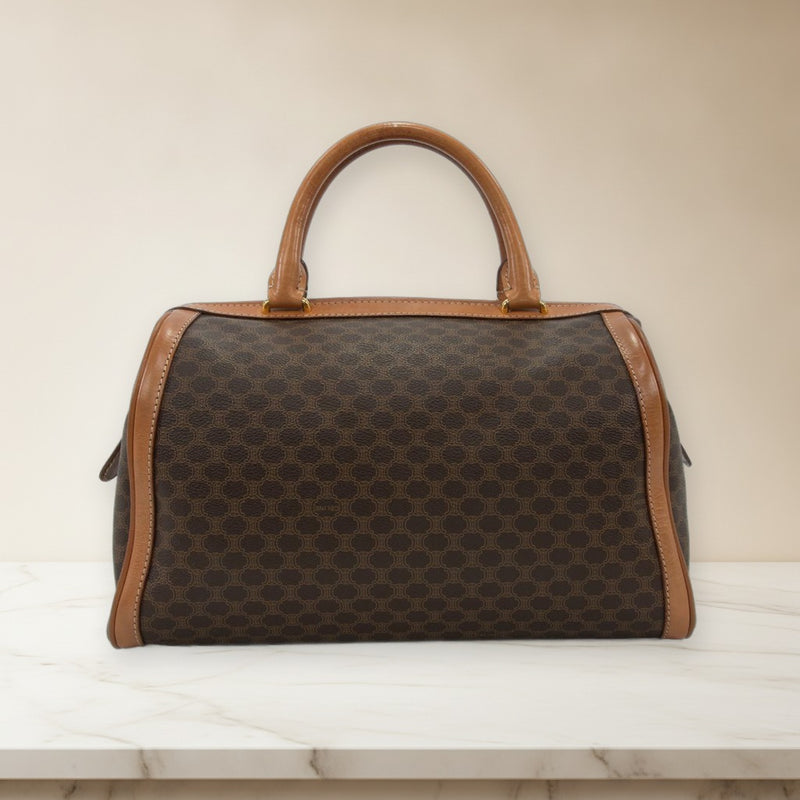 Celine Macadam M93 Mini Boston Bag Coated Canvas Vachetta Leather Brown Gold