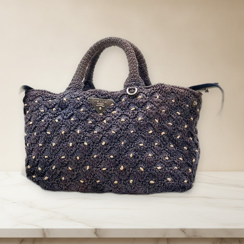Prada 1BG889 Raffia Pom-pom Canapa Mini 2-Way Tote Handbag Navy