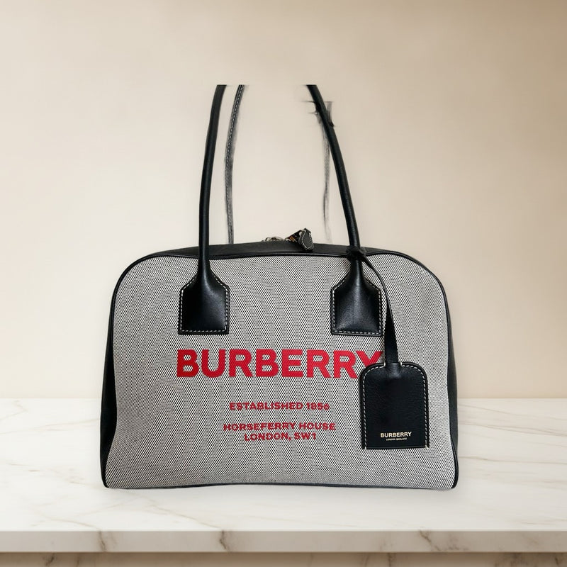 Burberry Horseferry Print Tote Boston Cube Bag Leather Canvas Black Grey