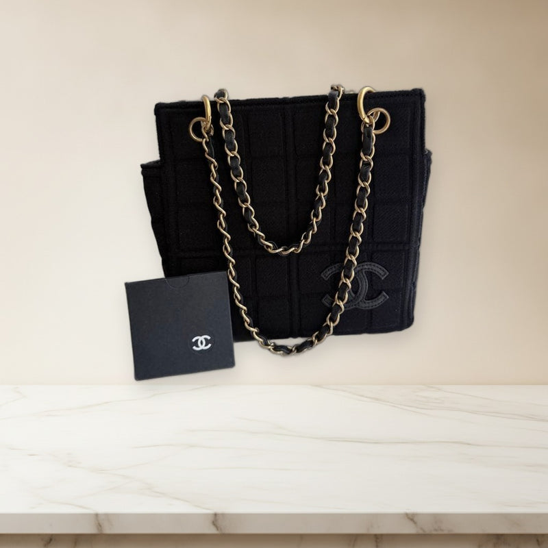 Chanel Chocolate Bar Chain Tote Bag Cotton Jersey Leather Black Gold Hardware