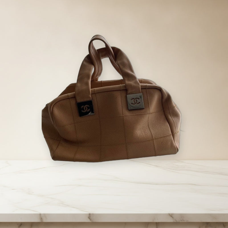 Chanel Boston Bag Handbag Beige Leather