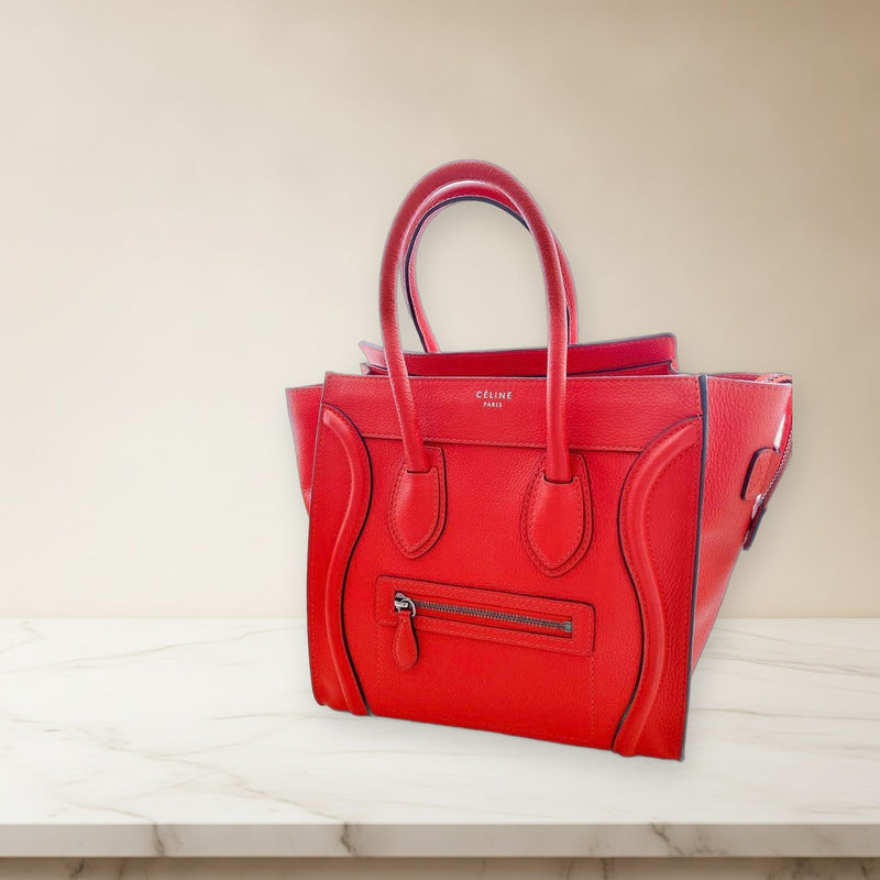 Celine Micro Luggage Handbag Drummed Calfskin Vermillion Orange Tote