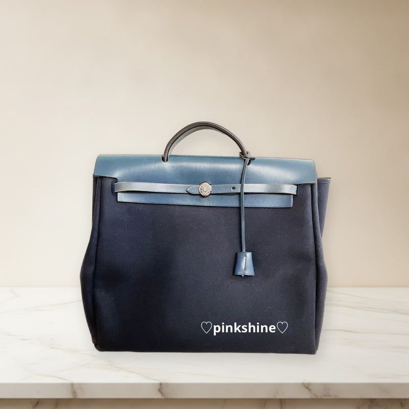 Hermes Herbag Gm Tote Handbag Shoulder Bag Canvas Leather Navy