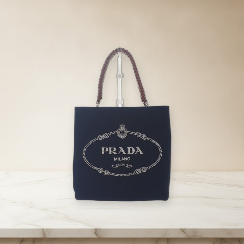 Prada Panier Canvas Leather Handbag Shoulder Bag Black Cognac