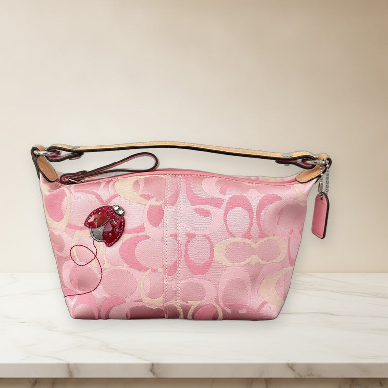 Coach Ladybug Pink Signature Pouch Handbag Leather Canvas Cosmetic Case