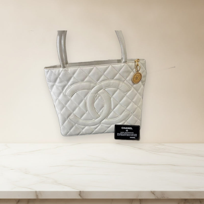 Chanel Quilted Tote Bag White Caviar Skin Leather
