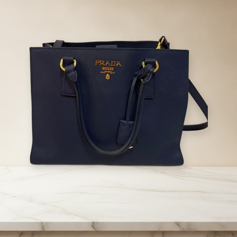 Prada Handbag Shoulder Bag 2-Way Navy Genuine Leather