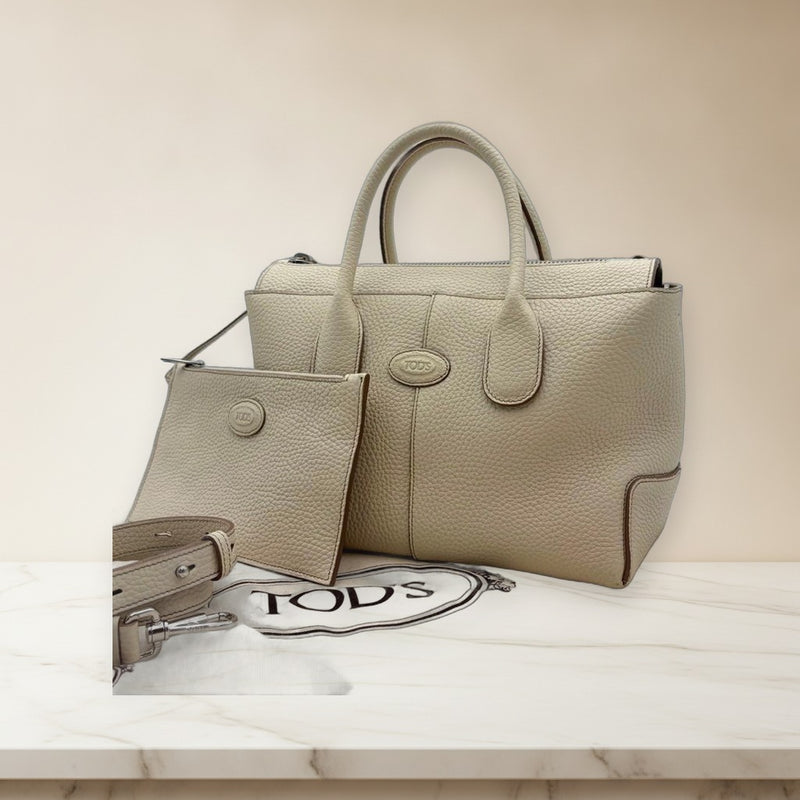 Tods Di Bag Small 2-Way Handbag Tote Grained Leather Light Beige Silver Hardware