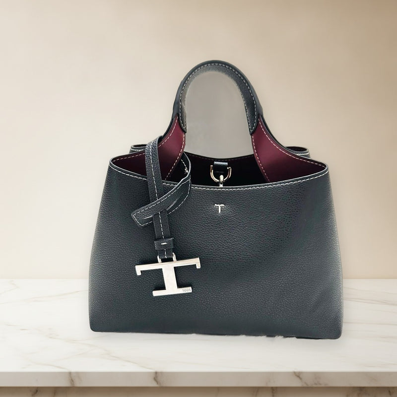 Tods 2way Micro Shoulder Handbag Leather Black Bordeaux Interior