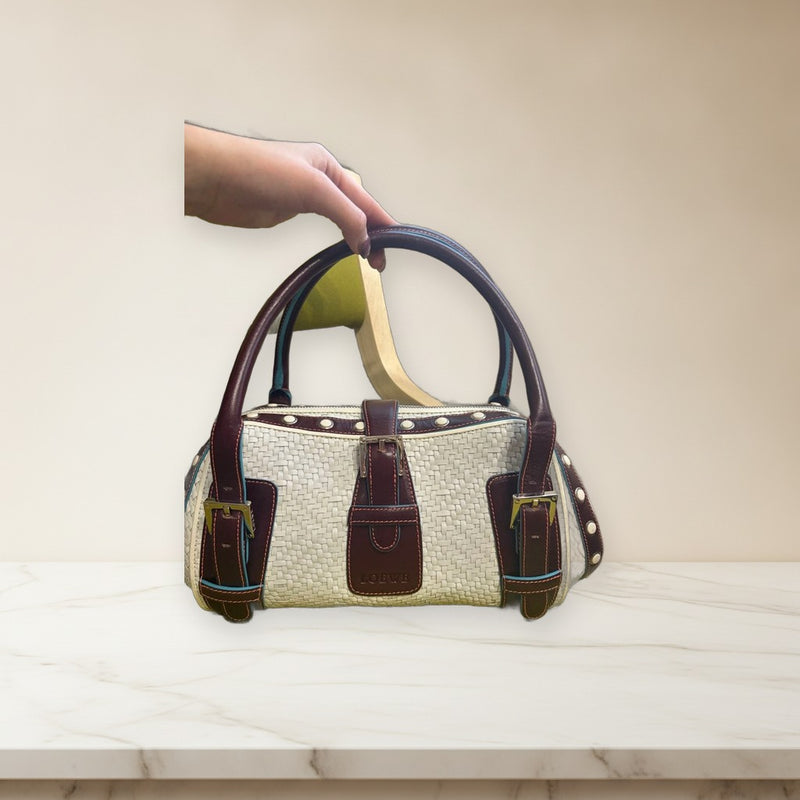 Loewe Senda Handbag Woven Fabric Leather White Brown Stud Decoration