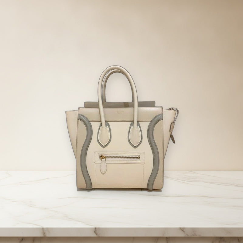 Celine Luggage Handbag Tote Bag Leather Ivory Light Beige Light Gray