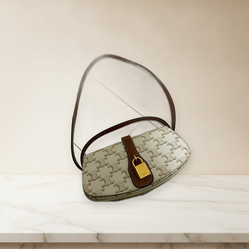 Celine Tabou Triomphe Clutch Bag Calfskin Leather White Tan