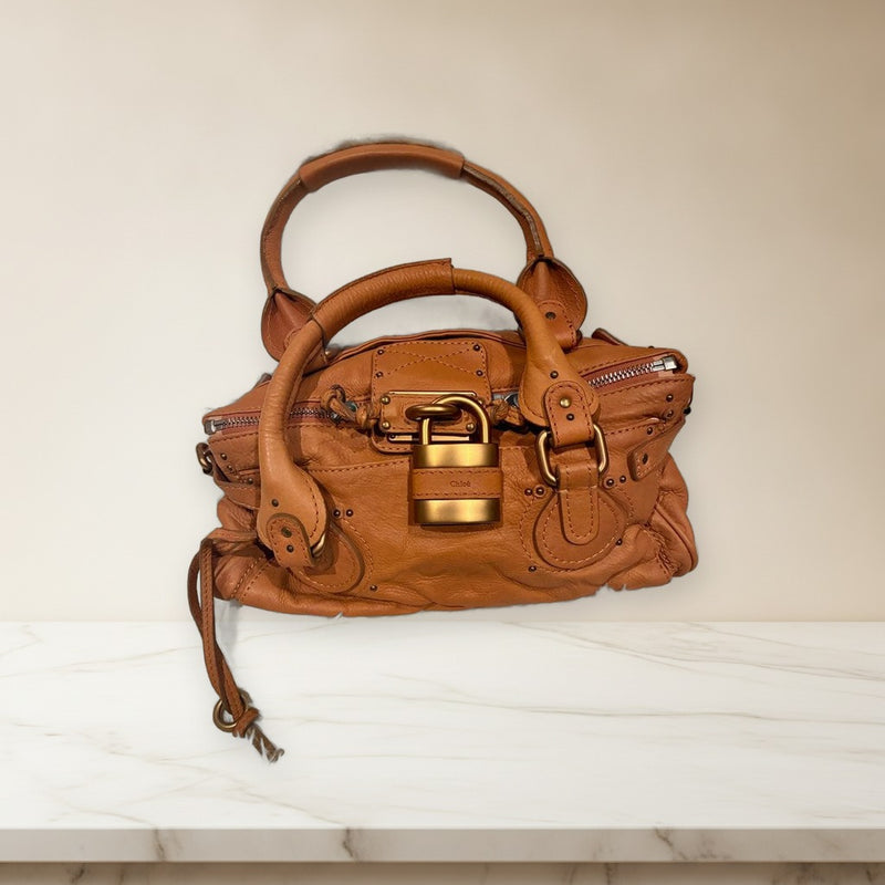 Chloé Handbag Cowhide Leather Brown Gold Metal Lock