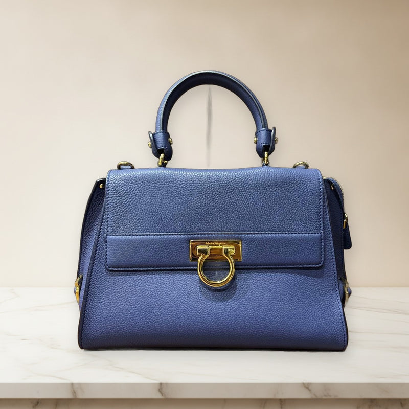 Salvatore Ferragamo Handbag Leather Dark Blue Gold Hardware