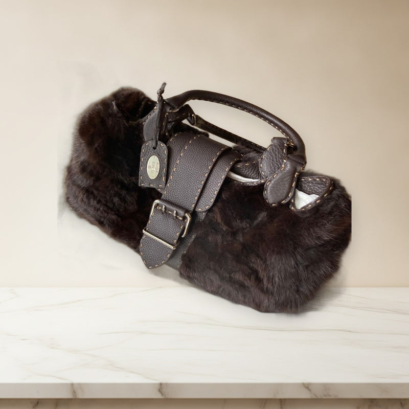 Fendi Selleria Handbag Dark Brown Mink Fur Leather Fendi Logo Plate