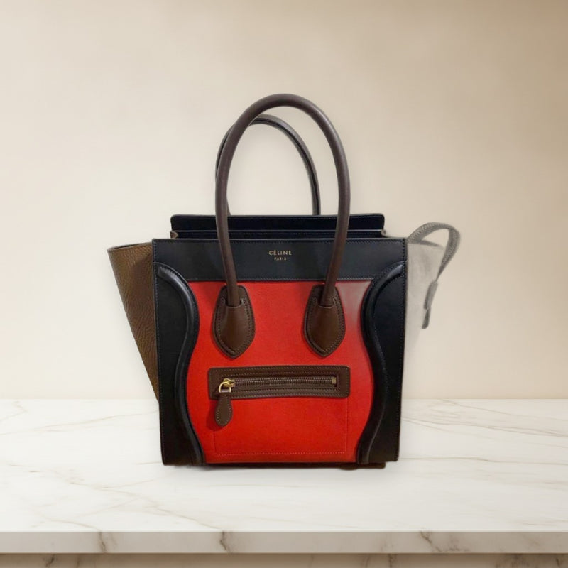 Celine Luggage Micro Shopper Handbag Bicolor Red Black Brown Leather