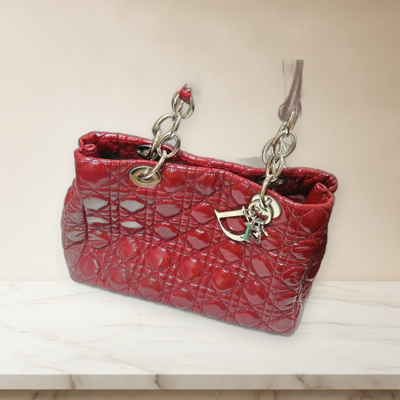 Christian Dior Lady Dior Handbag Soft Enamel Leather Rouge