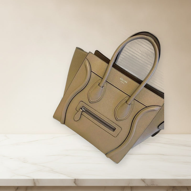 Celine Luggage Micro Handbag Drummed Calfskin Dune Tote Bag