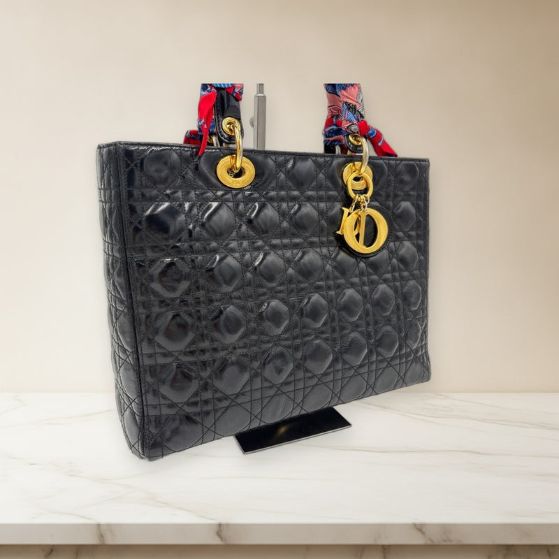 Christian Dior Lady Dior Handbag Black Patent Leather Gold Hardware