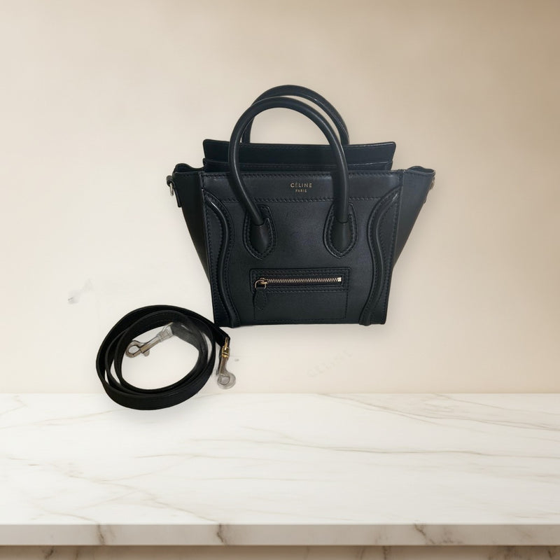 Celine Luggage Nano Handbag Shoulder Bag Calfskin Leather Black