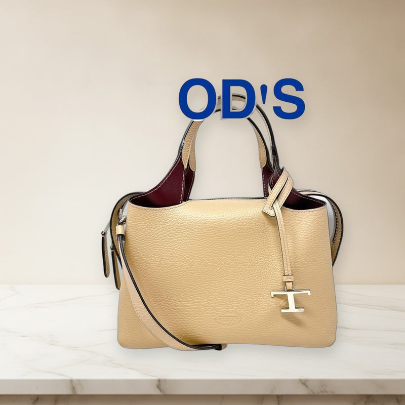 Tods T Timeless Bauletto Small NG49 Handbag Shoulder Bag Leather Beige Silver