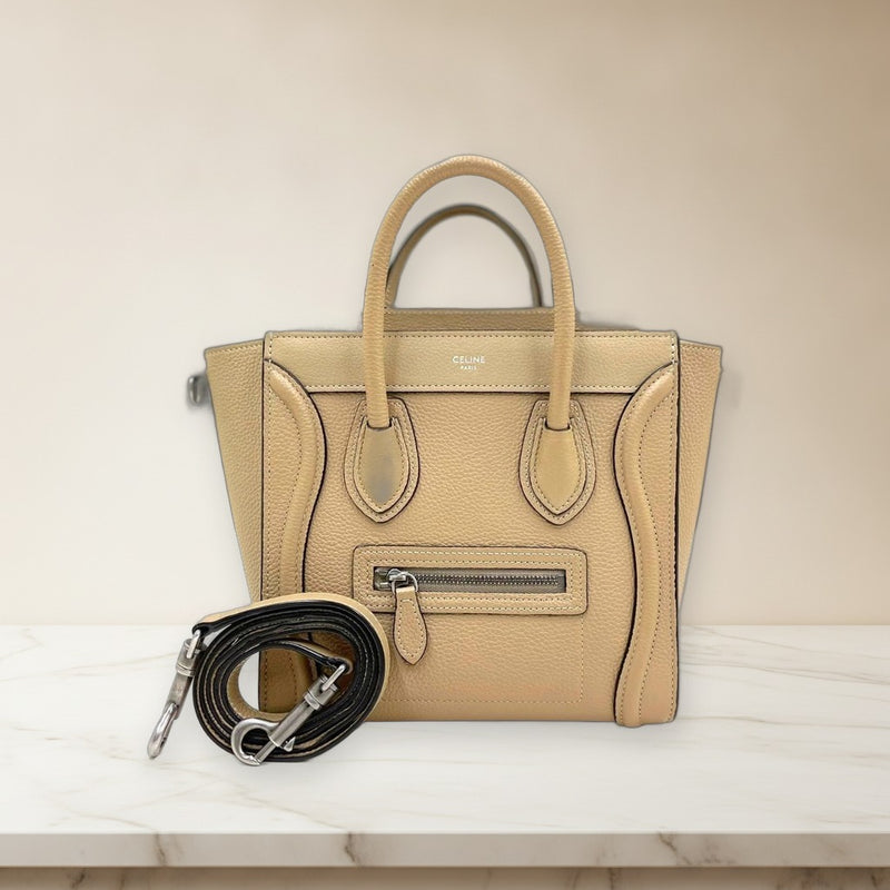 Celine Luggage Nano F-AT-2200 F-SL-2240 Handbag Drummed Calfskin Dune Silver