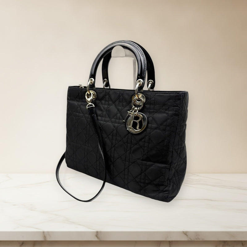 Christian Dior Lady Dior 2way Handbag Shoulder Bag Nylon Black