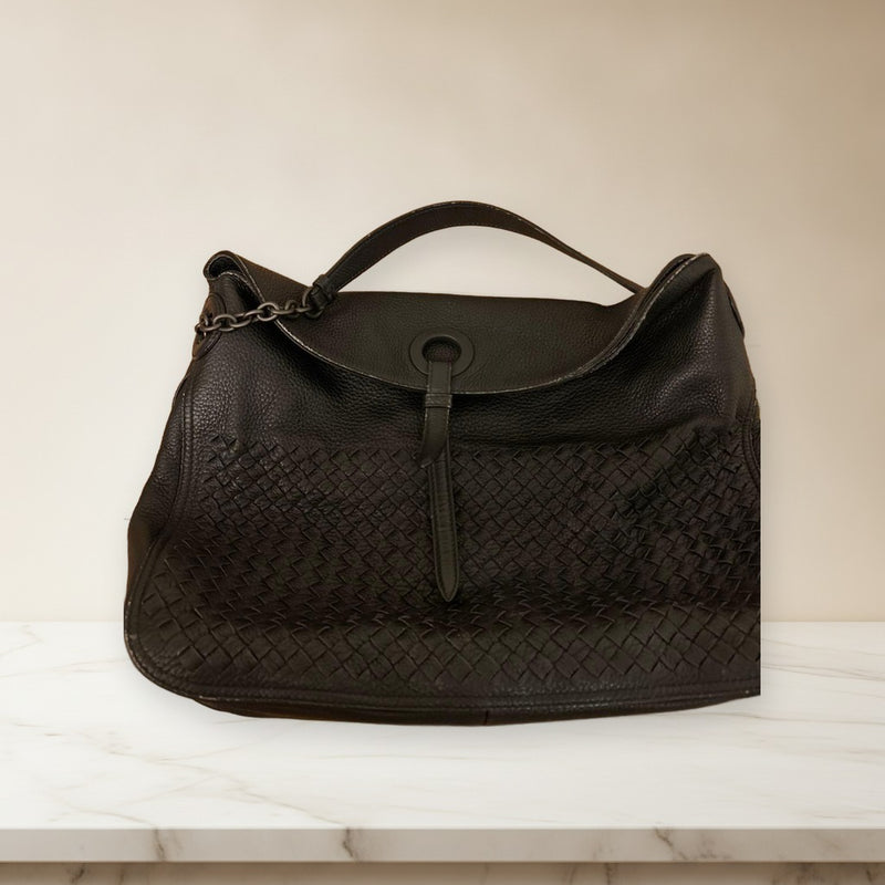 Bottega Veneta Woven Design Handbag Black Leather Suede Interior Chain Handle