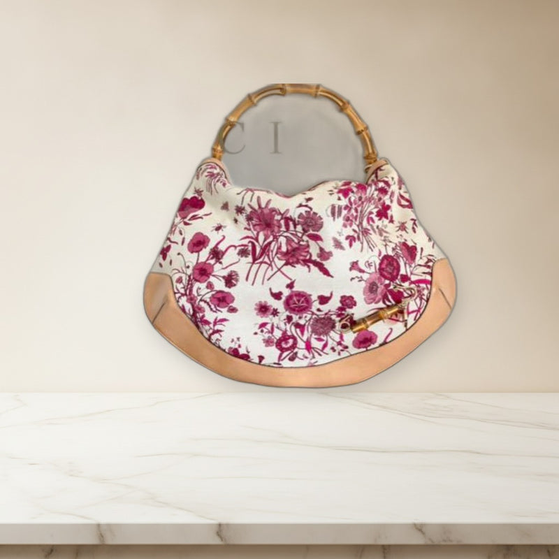 Gucci Flora Bamboo Handle Shoulder Bag Canvas Floral Pattern