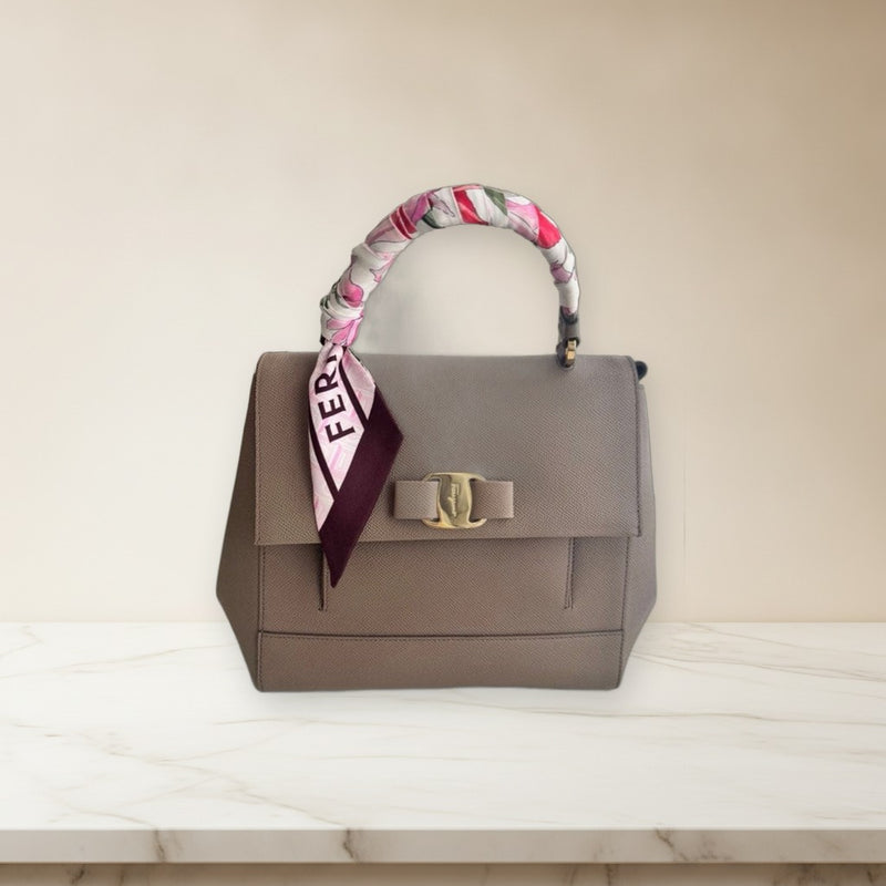 Salvatore Ferragamo Handbag Satchel Greige Leather Gold Hardware Bandeau