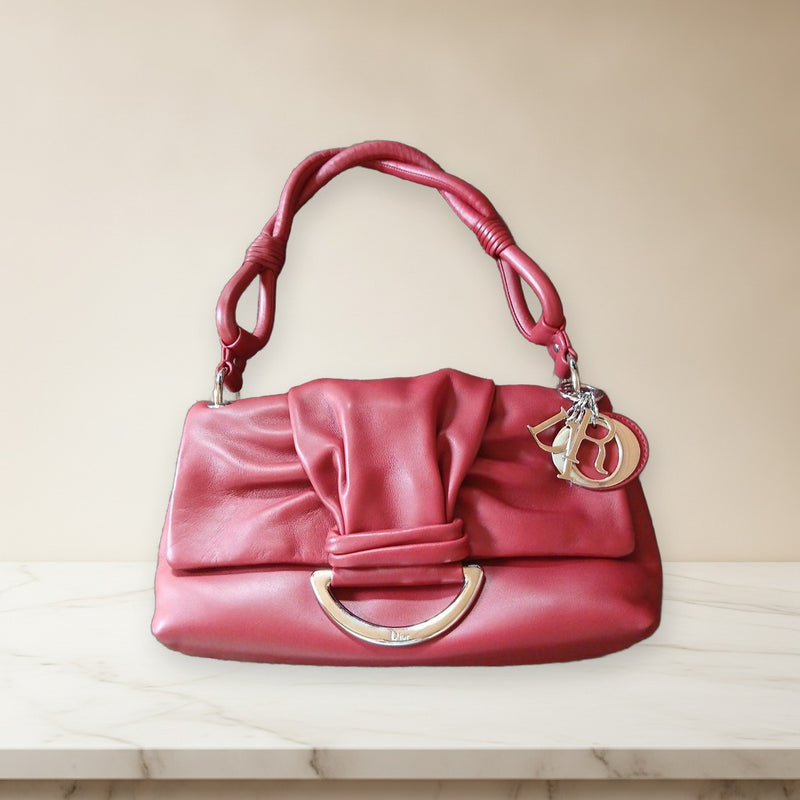 Christian Dior Cannage Semi-shoulder Bag Red Leather