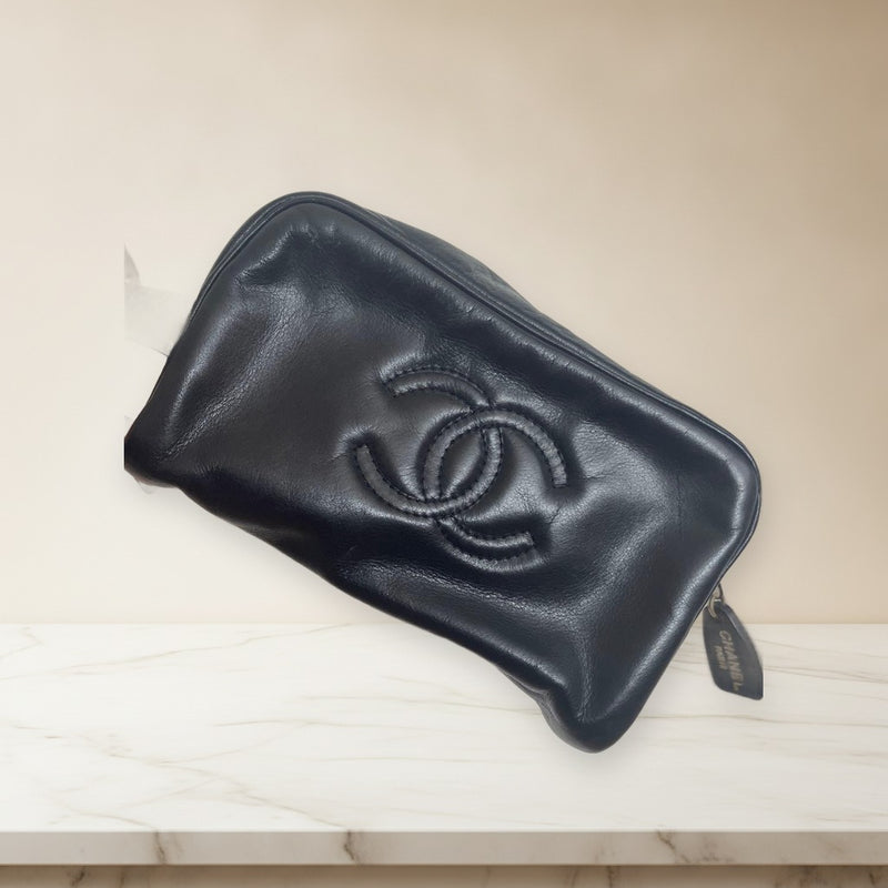 Chanel Vanity Pouch Clutch Bag Lambskin Leather Black Gold Hardware