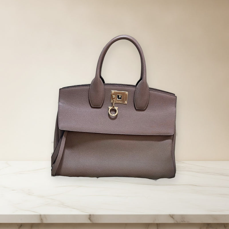 Salvatore Ferragamo Studio Bag Medium Handbag Leather Gray Greige