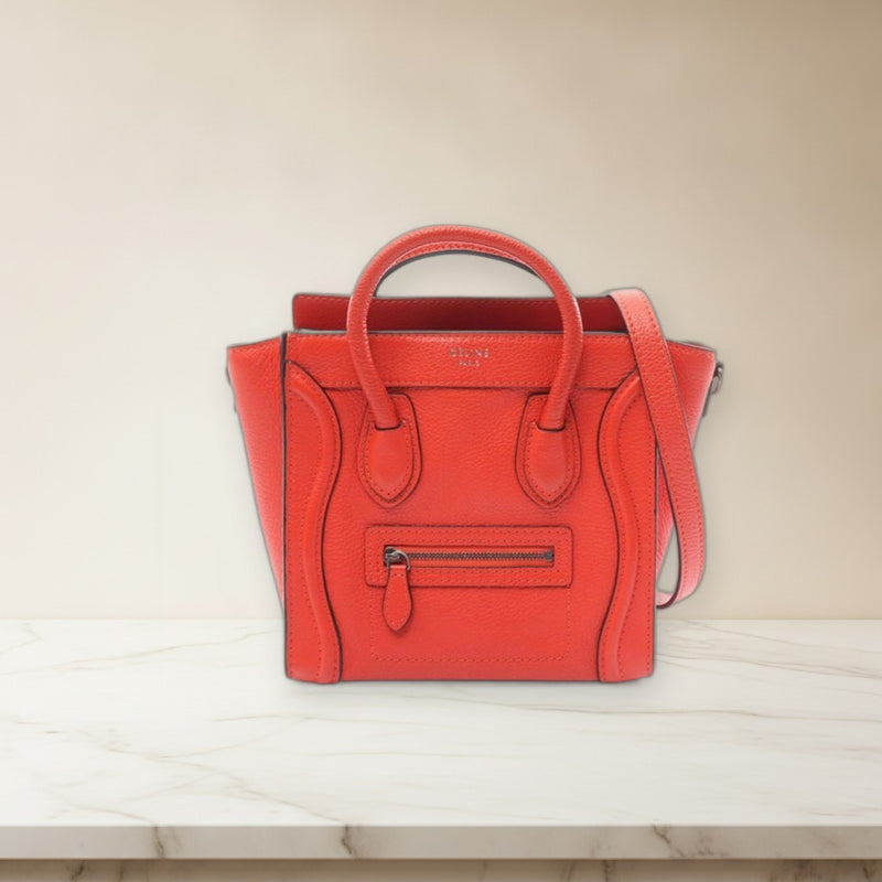 Celine Luggage Nano Handbag Tote Shoulder Bag Red Leather