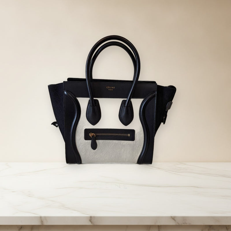 Celine Luggage Micro Shopper Handbag Canvas Leather Suede Black White Bicolor