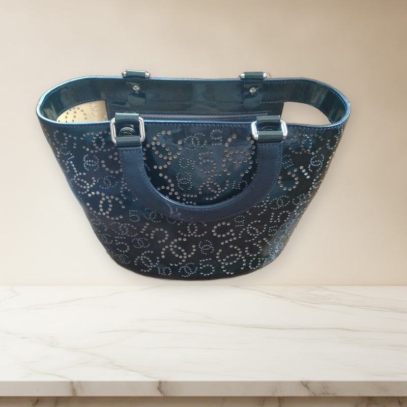 Chanel Studded Handbag Enamel Navy Dark Green Double Handle