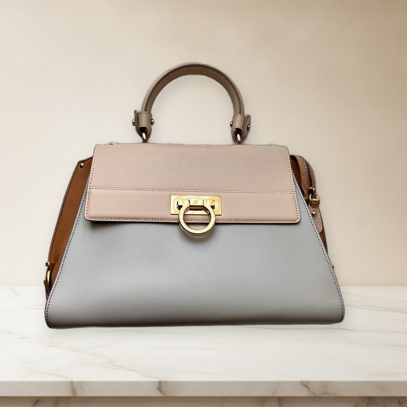 Salvatore Ferragamo Sofia Gancini Tricolor Leather Handbag Shoulder Bag