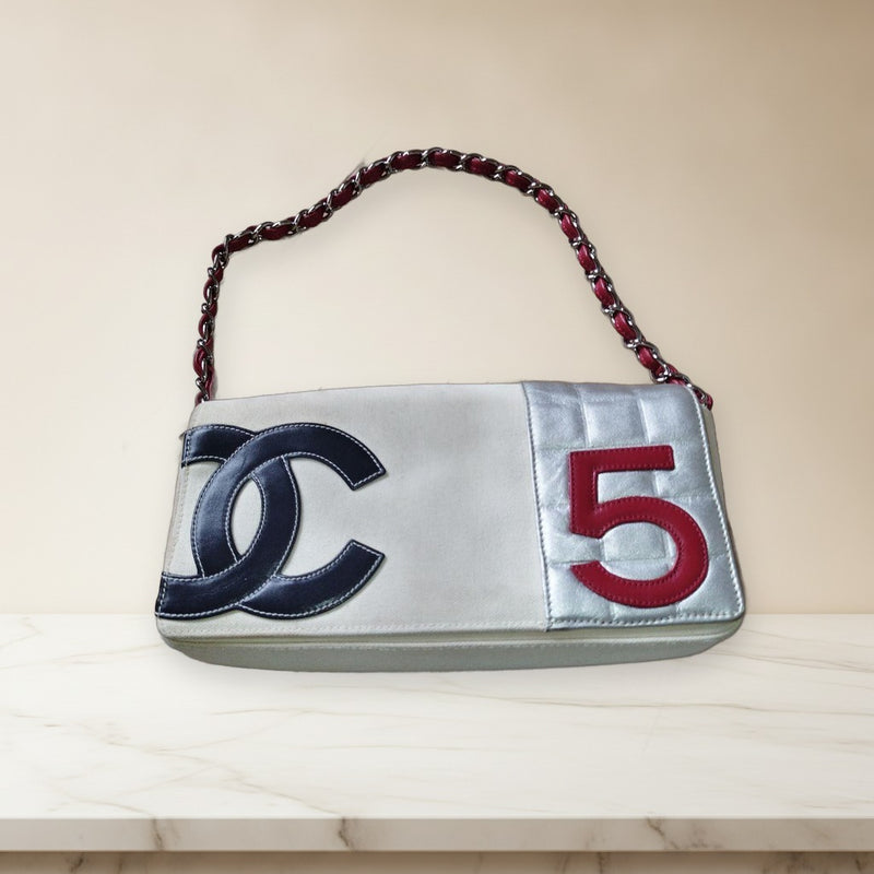 Chanel No.5 Chain Shoulder Bag Canvas Leather Navy Red White Silver