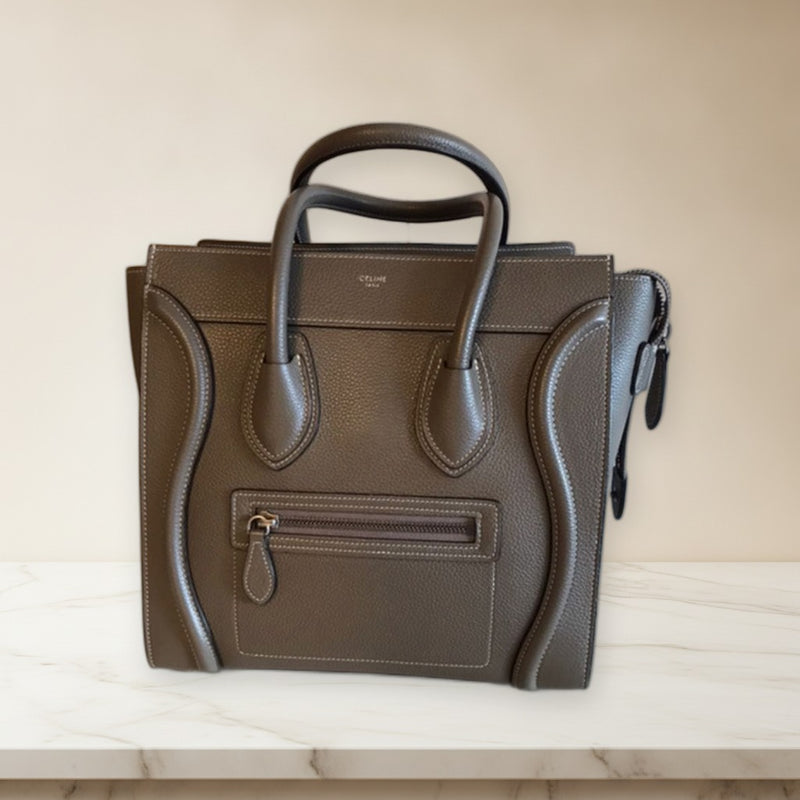 Celine Luggage Micro Handbag Drummed Calfskin Souris Silver Hardware