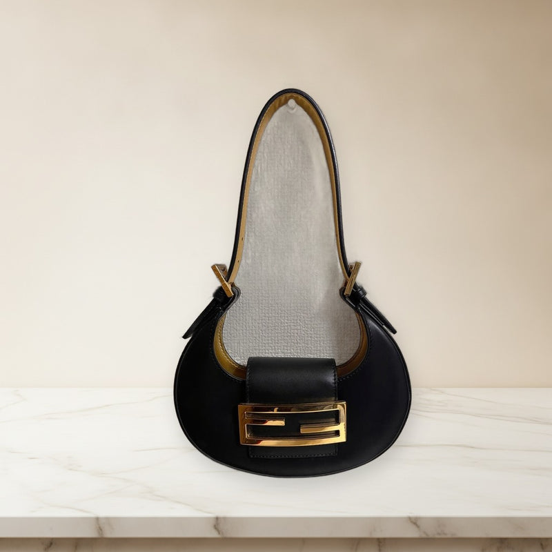 Fendi Cookie Shoulder Bag Clutch Handbag Leather Black Gold Hardware