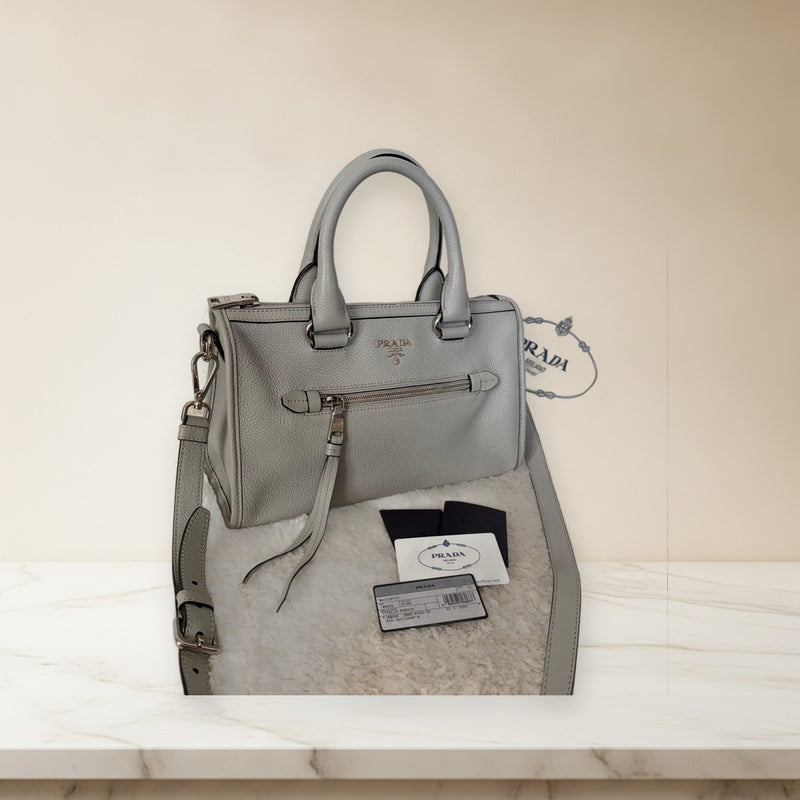 Prada Bauletto 1BB022 Shoulder Bag Vitello Phenix Nube Gray 2way Crossbody