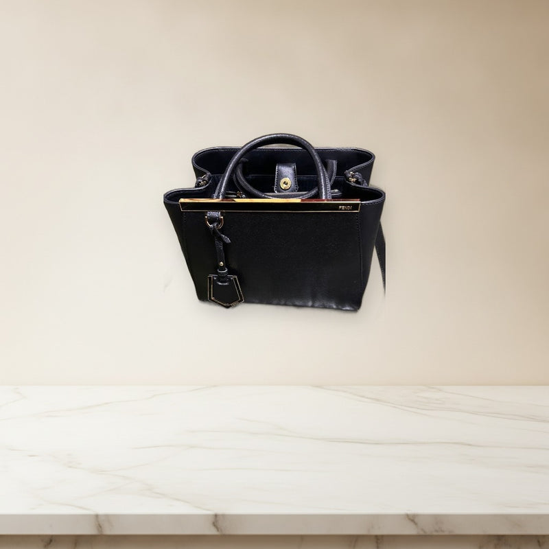 Fendi Black Leather Handbag Shoulder Bag Tote Gold Hardware