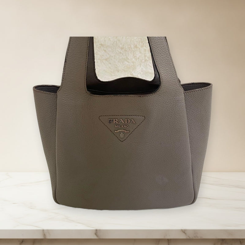 Prada Vitello Daino Frow Handbag Tote Grained Leather Greige