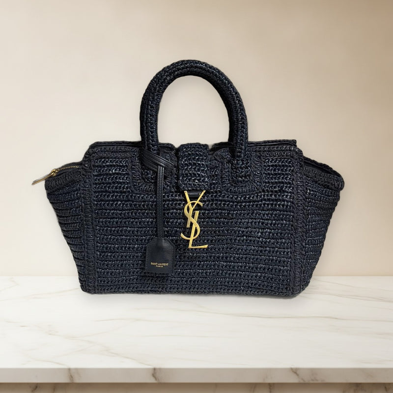 Saint Laurent Baby Downtown Ysl Caba Handbag Raffia Black Gold Logo