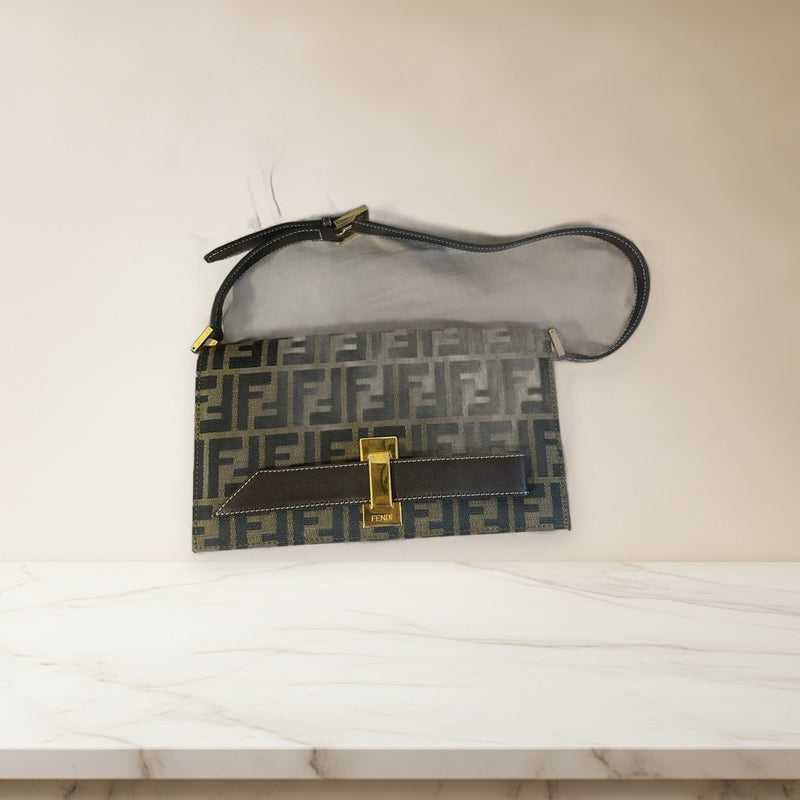 Fendi Ff Logo Handbag Shoulder Bag Canvas Leather