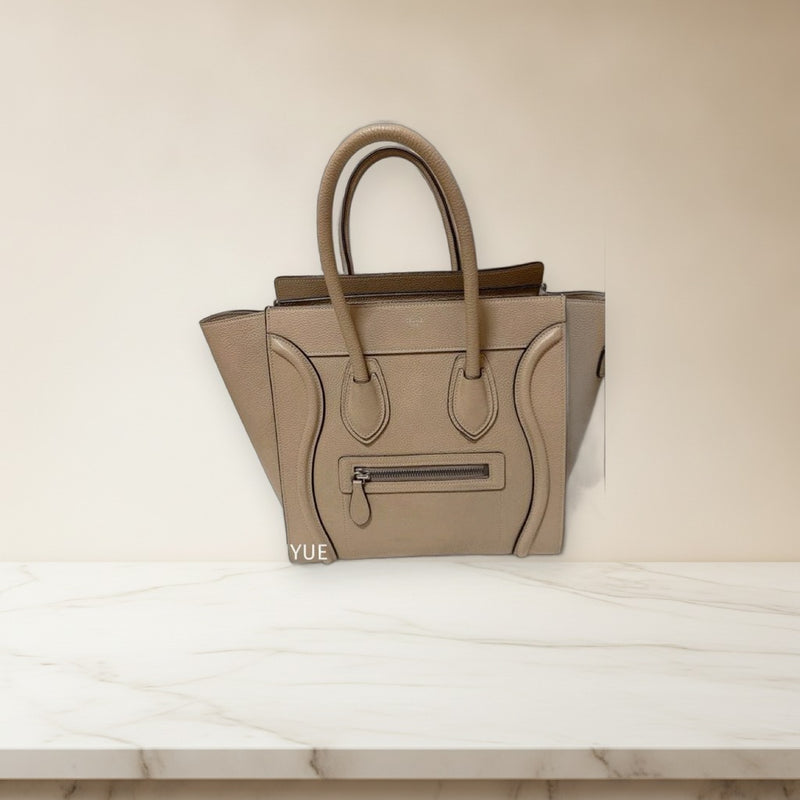 Celine Luggage Micro Handbag Drummed Calfskin Dune Silver Hardware